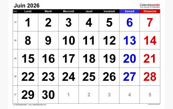 Calendrier de Juin 2026 du BCV